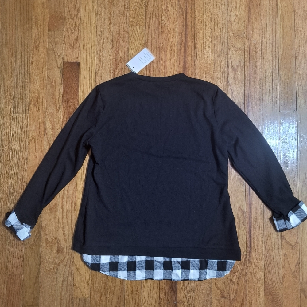 Pick 3/$10⭐ NWT La Mode Shirt W/Plaid Faux Shirttail, Women's XL, Black/White - Picture 10 of 14